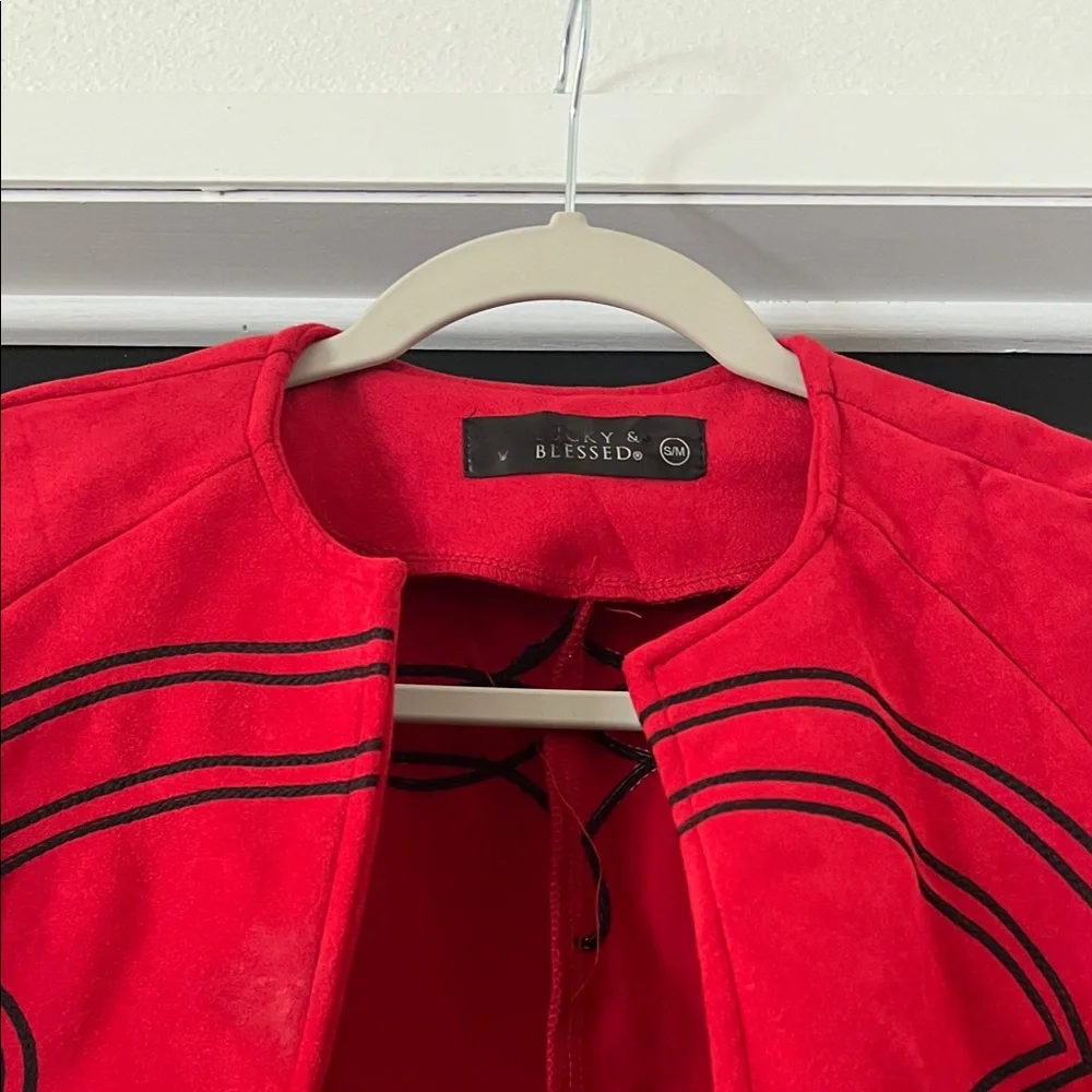 Lucky & Blessed Red Suede Fringe Cape with Black Stitching - Picture 3 of 3